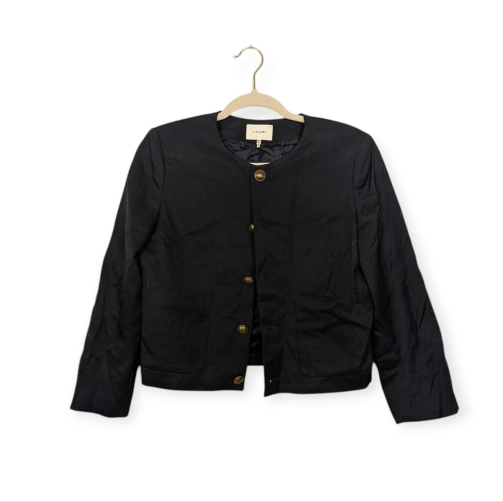Frame Cropped Jacket XS Navy Wool Blend Button Front Padded Shoulder